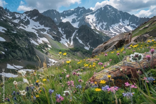 The rugged beauty of a mountain landscape, with snow-capped peaks and wildflowers blooming in the valleys © DK_2020