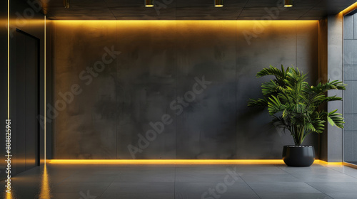 Luxury interior office background wall with minimalist empty room with cinematic lights, yellow light strip spots and plants