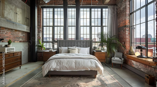 A bedroom with high ceilings, large windows and industrial brick walls. The room features an oversized bed with grey headboard, white bedding, wooden night stands