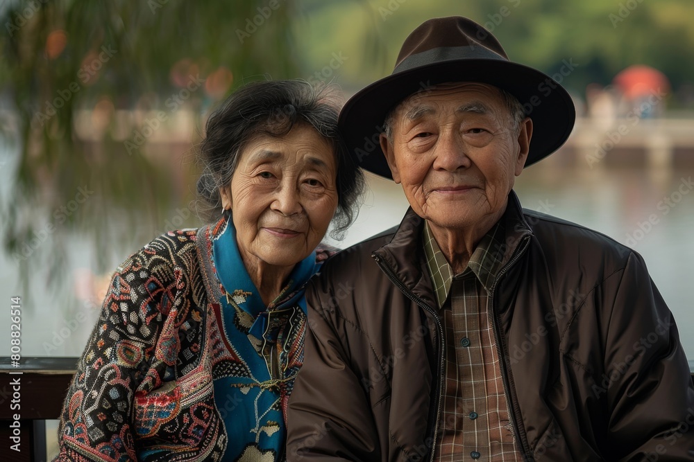 An old asian couple sitting at a bench during autumn An old asian couple sitting at a bench during autumn