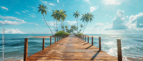 Tropical Escapade: Azure Waters and Palm Trees Alongside Sandy Shoreline