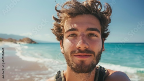 close-up shot of a good-looking male tourist. Enjoy free time outdoors near the sea on the beach. Looking at the camera while relaxing on a clear day Poses for travel selfies smiling happy tropical #808826968