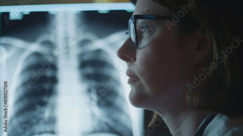 medical woman doctor and diagnosis x-ray roentgen photo of pneumothorax on dark background created with Generative AI Technology