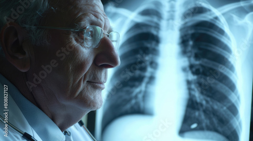 medical male doctor and diagnosis x-ray roentgen photo of pneumothorax on dark background created with Generative AI Technology photo