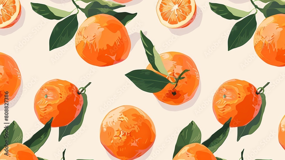 Vibrant orange citrus pattern with fresh leaves and cut fruit slices Vibrant orange citrus pattern with fresh leaves and cut fruit slices