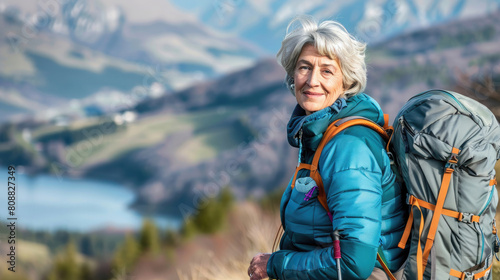 middle aged woman with backpack while hiking looking to the side with beautiful natural background of mountains and trees in spring