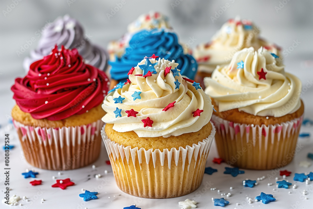 Patriotic cupcakes with colorful frosting and star-shaped sprinkles for a fourth of July celebration.