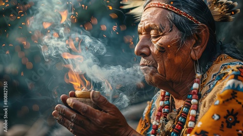 A shaman performing a ritual with a smoky backdrop, where the smoke patterns are manipulated to symbolize spiritual presences photo