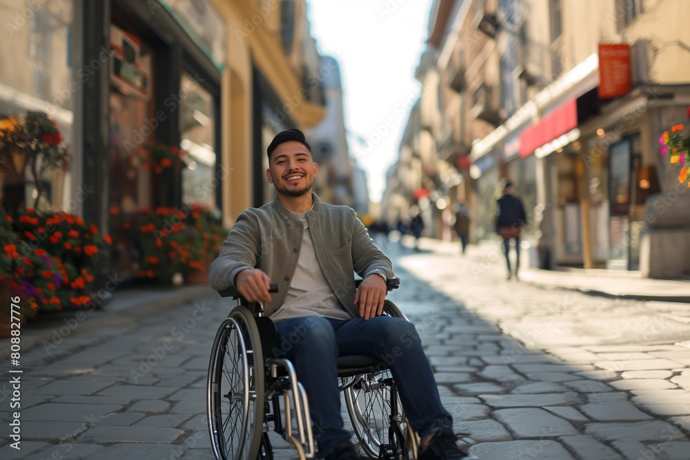 Obraz premium Confident Hispanic Man in Wheelchair on City Street