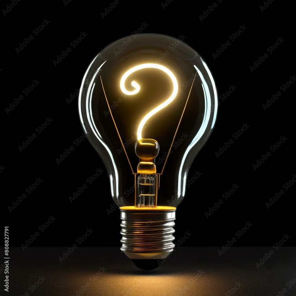 透明感のある電球、疑問符の電撃が発生し、お洒落に表現、やや黒い背景、少し怪しげでシンプル Generated by AI 透明感のある電球、疑問符の電撃が発生し、お洒落に表現、やや黒い背景、少し怪しげでシンプル Generated by AI