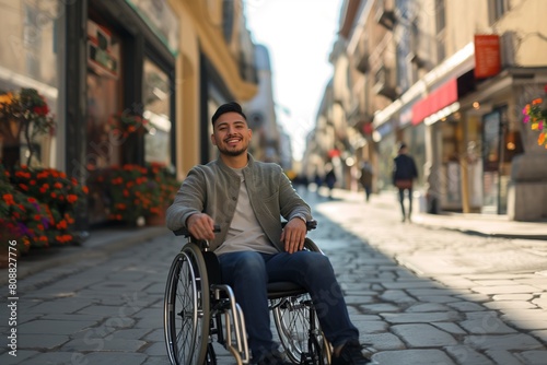 Confident Hispanic Man in Wheelchair on City Street