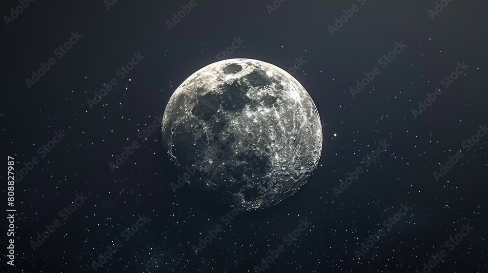 close-up of the full moon lunar on a dark background in the night sky with a starry backdrop