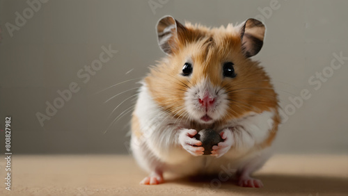 hamster that is eating something on the table, dark grey backdrop