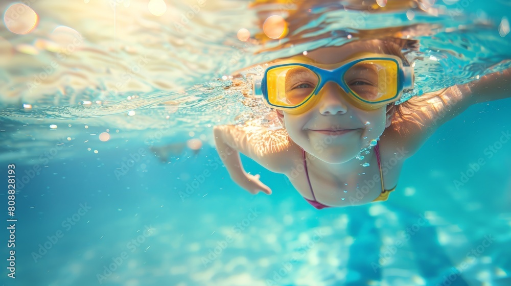 Naklejka premium Cute smiling child having fun swimming and diving in the pool at the resort on summer vacation. Sun shines under water and sparkling water reflection. Activities and sports to happy kid