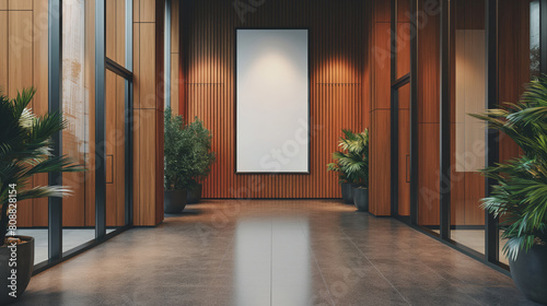 A modern office interior with wooden walls and a framed empty poster  plants in pots and glass partitions  showcasing a design mockup space. Generative AI
