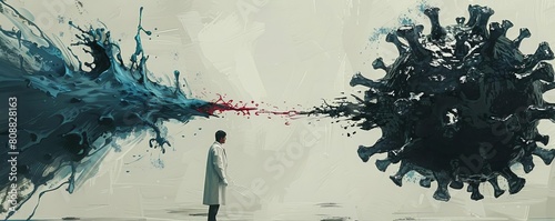 A symbolic scene of a physician from the past and a modern scientist, both battling the same shaped shadow of Yersinia pestis, connecting eras through science photo