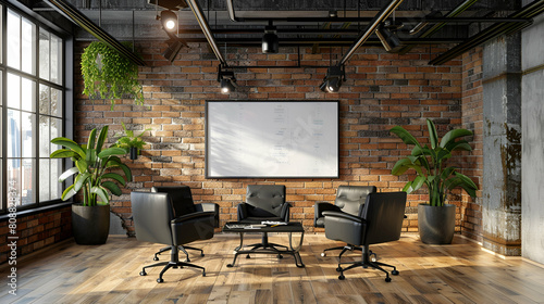 A modern office with brick walls, four black swivel chairs and a white flip board in the center. In front there is a wooden floor with a brown color. Light is coming from the window photo