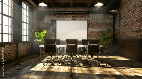 A modern office with brick walls, four black swivel chairs and a white flip board in the center. In front there is a wooden floor with a brown color. Light is coming from the window photo