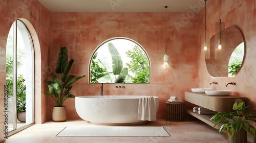 A peach and terracotta modern bathroom with an arched window  wall mounted mirrors  wooden accents  plants  a large round bathtub  a floating vanity