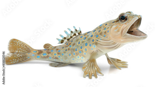 Atlantic mudskipper amphibious animal fish with open mouth and blue spots on body isolated on white background created with Generative AI Technology photo