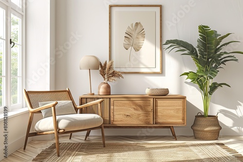 Stylish scandinavian living room interior of modern apartment with wooden commode, design armchair, carpet, leaf in vase, table lamp and personal accessories in unique home decor.