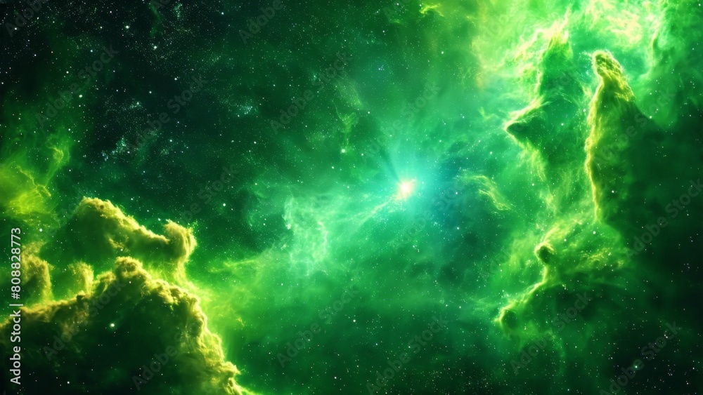 Green Outer Space nebula background. Space colorful clouds against Star field. Cosmos wallpaper. Universe science astronomy. Supernova wallpaper.