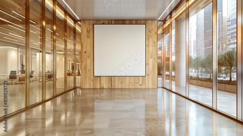 A framed blank poster on a wooden wall inside a modern office  large windows with urban view  concept of advertising. Generative AI