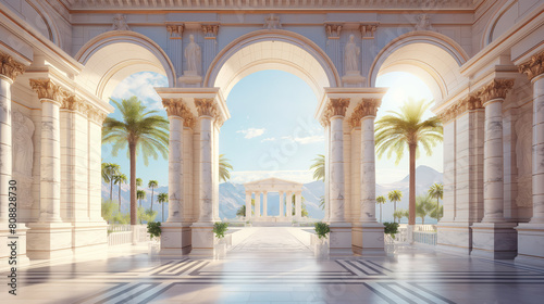 Luxurious white interior of a classical building with columns  marble floors  and a view of palm trees and mountains  Generative AI.