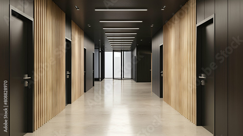 An empty hallway in an office building with black doors and wooden slats on the walls 
