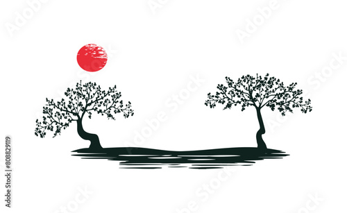 sakura trees silhouette vector frame. Japanese landscape with red sun vector cherry blossom frame. japanese garden sakura blossoms vector silhouette © bleskk