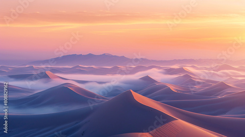 Sand dunes in the desert at sunset. AI.