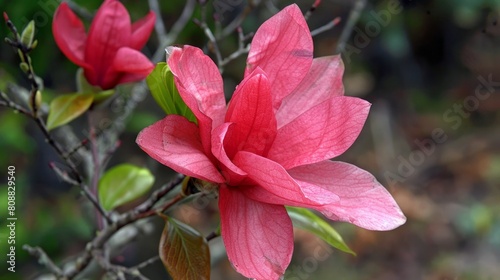 In a spring garden, a vivid pink flower is blooming on a thin branch of the Magnolia campbellii shrub. photo