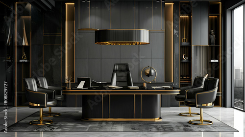 Modern luxury office interior with dark gray walls  golden accents and black furniture. Luxury business desk with chairs around it