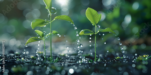 Young plant sprouting in water with rain falling down in the style of realistic landscapes soft, Plant sprouting rain deep droplets growth.