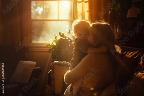 Mother's Tender Embrace with Child in Warm Sunlit Room, Mother's Day concept