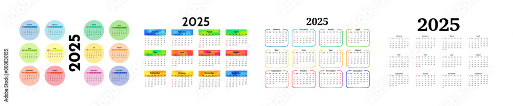 Set of calendars for 2025 isolated on a white background Set of calendars for 2025 isolated on a white background