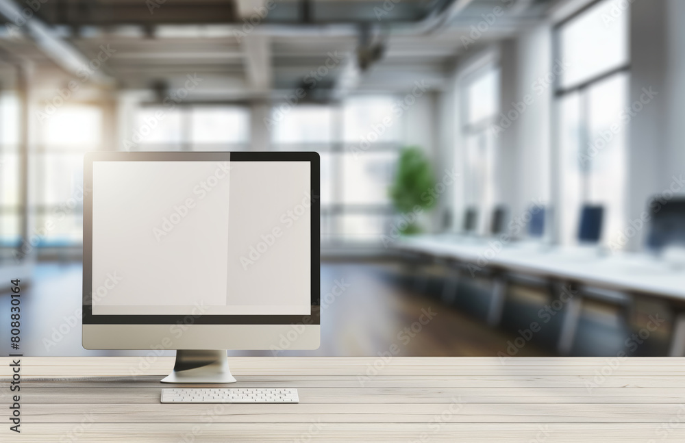 A desktop computer with a blank screen on a wooden table, in an office with large windows. Generative AI A desktop computer with a blank screen on a wooden table, in an office with large windows. Generative AI