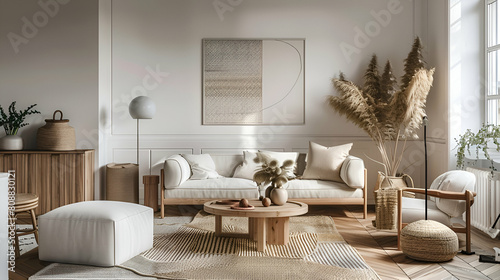 Scandinavian interior design of a modern living room with white walls, wooden floor and decorative elements in neutral colors. The scene includes furniture such as a sofa