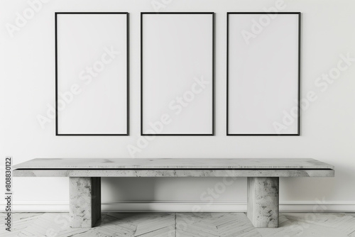 Three framed blank posters above a concrete bench, set against a white wall in a modern interior design concept, Generative AI.