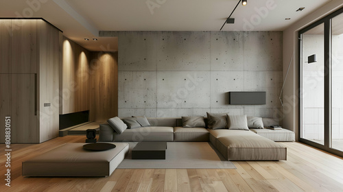 Small apartment, modern interior design with concrete wall and wood floor in a light gray color