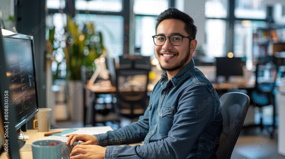 Fototapeta premium Happy and successful young latino male software engineer working at desk with computer looking front and smiling against modern office background 