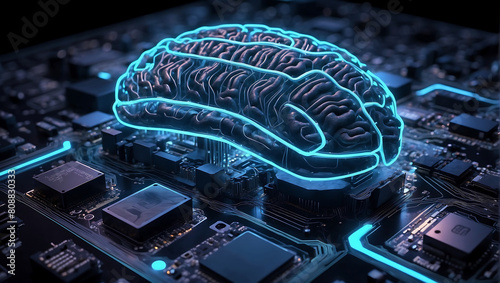 Neon glowing human electric brain on a neuromorphic chip circuit motherboard with a neon blue background photo