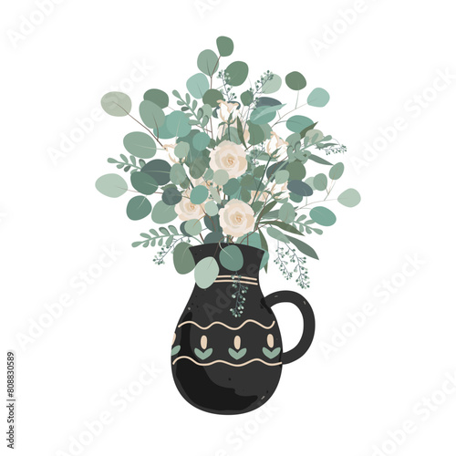Black clay jar with eucalyptus branches and roses bouquet isolated on white background. Floral illustration for design, print, postcards, thank you cards. Vector. © Toltemara
