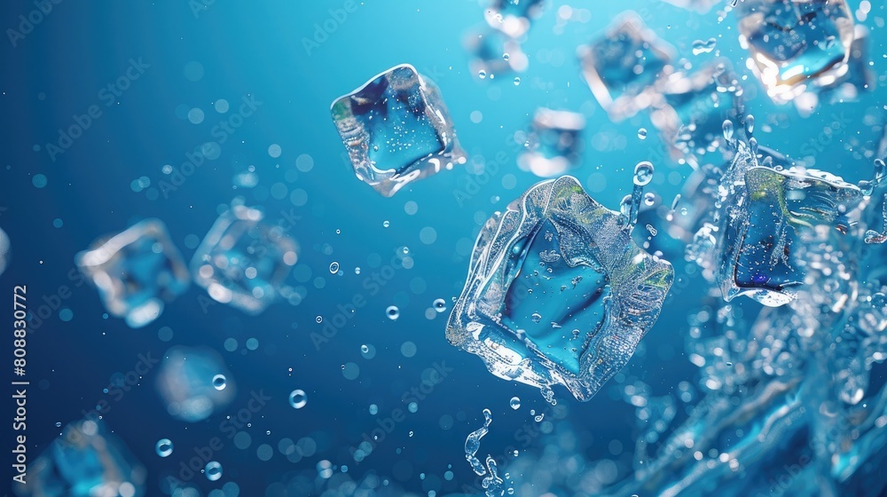Ice Cubes Floating on Solid Cyan Blue Background Ice Cubes Floating on Solid Cyan Blue Background