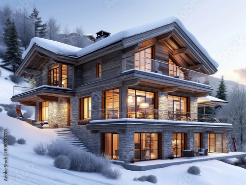 A large house with a stone exterior and a snow covered roof. The house has a large balcony and a large glass window