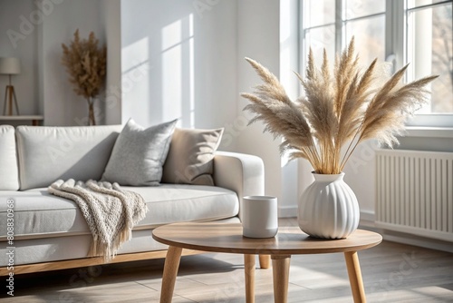 A modern white ceramic vase with dried grass on a wooden table. Scandinavian interior. An empty white wall with a shadow from the window.