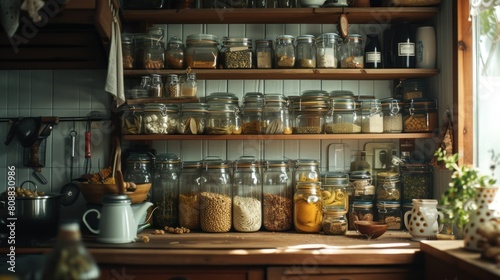 kitchenware  glass jars with beans  pasta and grains on metal green shelf at cabinet. storage food concept and order at kitchen