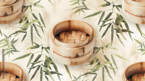 Bamboo steamers nested amid illustrated leaves