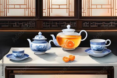 Setting with teapot, cups, and plate on a table