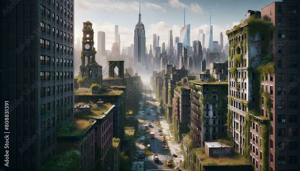 the images of New York City envisioned 100 years in the future, depicted with a wide-angle lens and a high resolution. The scenes capture iconic structures, now overgrown and reclaimed by nature